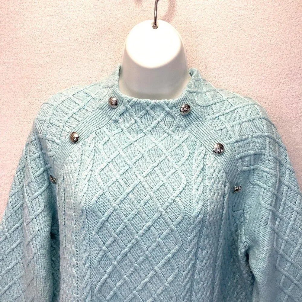 Talbots Cable Knit Sweater Womens Petite Large PL‎ Aqua Blue Buttons Old Money